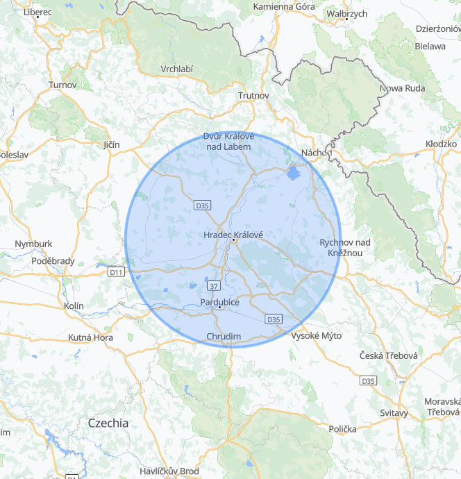 Mapa oblasti působení – Hradec Králové a okolí v okruhu 30 km